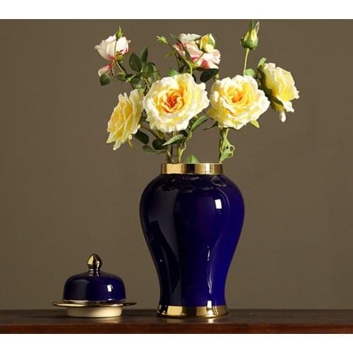 Antique Royal Handpainted Blue and white Ceramic Golden General Tank Vase Fortune Hat-covered Ginger Jars Ornament Creative Gift