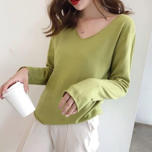 Spring V-Neck Basic Thin Womans Knit Sweater Loose Solid Casual Ladies Pullovers Long Sleeve Soft Knitted Jumpers for Female