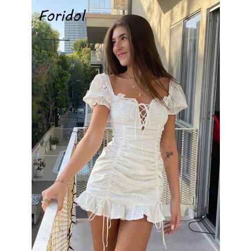 Lace up embriodery white summer dress women hollow out beach short dress puff sleeve ruffle ruched bodycon mini dress vestidos