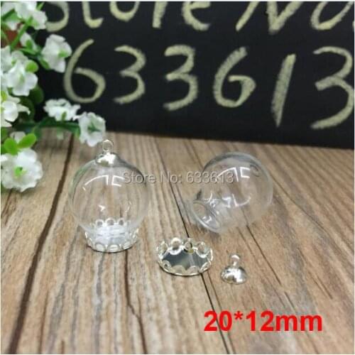 Freeshipping 20sets/lot 20*12mm Glass globe &silver lace base&6mm cap connector &70cm necklace Set DIY Glass Vial Bottle Jewelry