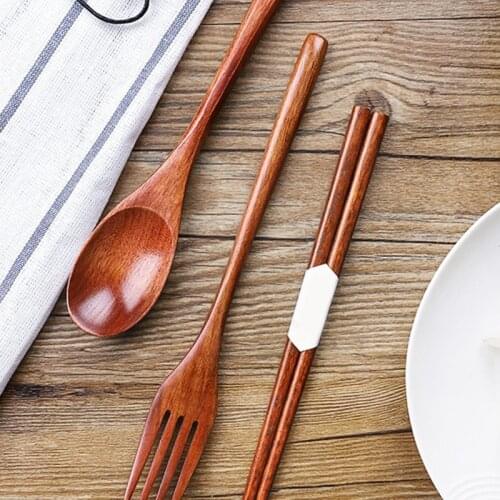 Hot Wooden Spoon Fork Set of 3 Dinnerware Set Long Handle Wood Spoon Fork Chopsticks Portable Cutlery Set Wood Tableware