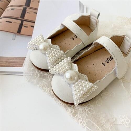 Autumn Girls Princess Shoes Baby Fashion Pearl Bow Toddler Student Party Dance Shoe Autumn Kids Flat Leather Shoes 2021