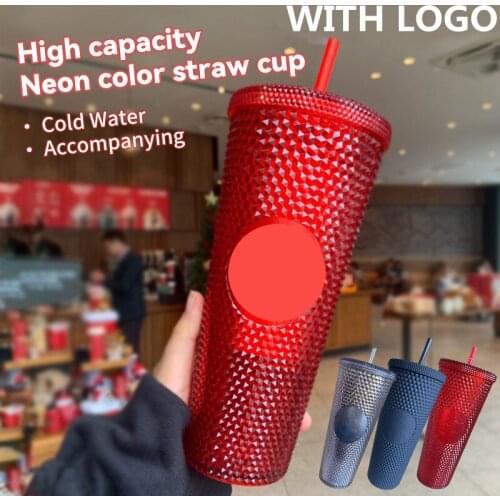 710ml Coffee Cup With Logo Summer Cold Water Mug Tumbler Cup With Straw Double Layer Plastic Durian Diamond Radiant Goddess Cups