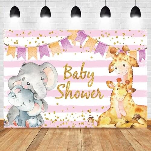 Laeacco Baby Shower Elephant Giraffe Backdrop For Photography Pink Stripe Gold Polka Dots Child Portrait Photocall Backgrounds