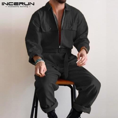 2021 Tops New Stylish Mens Rompers Retro Style Solid Color Zipper Trousers Overalls Casual Streetwear Jumpsuit S-5XL INCERUN