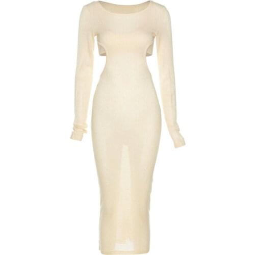 2021 Autumn Knitted See Through Long Sleeve Maxi Dresses Womens Elegant Backless Cut Out Shawl Dress 2 Piece Set Clubwear