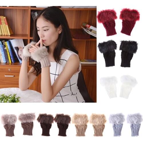 Faux Rabbit Fur Knitted Gloves Winter Women Crochet Knitted Fingerless Gloves Female Knitting Warmer Wrist Hand Gloves Mitten