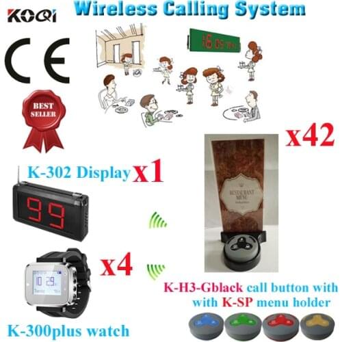 Restaurant Call Pager System Waiter Table Call Bell Distance 200M-300m In Open Area(1 display+4 watch+42 button+42 menu holder)