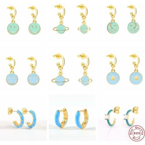 S925 Silver Circle Earring Cute Star Smile Face Piercing Earrings 2021 Trend Candy Color Blue Dripping Oil Hoop Earring Jewerly