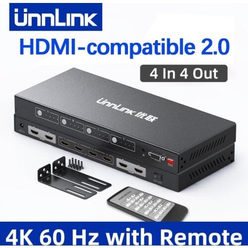 Unnlink 4K 60Hz Splitter Switch HDMI-compatible 2.0 Matrix 4x4 HDCP 2.2 Switch 4 Input 4 Output RS232 IR Remote for TV PS4 PC