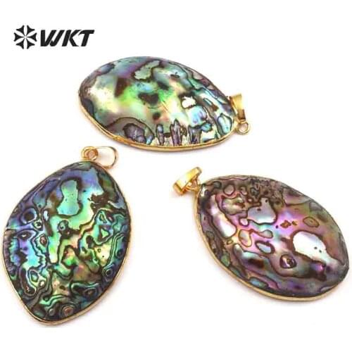 WT-JP076 WKT Popular natural abalone shell pendant egg shape pendant with gold trim for women jewelry wholesale 10pcs/lot