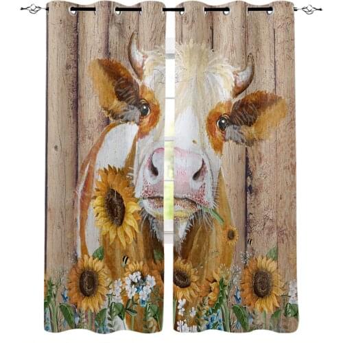 Cow Sunflower Farm Barn Wood Plank Texture Blackout Curtains Bedroom Blinds Drapes Window Curtains For Living Room High Shading