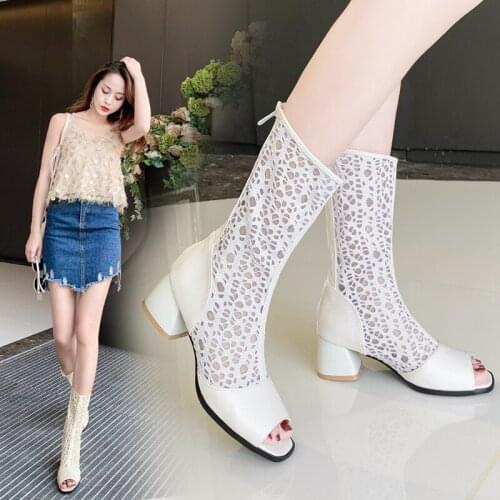 2020 Summer Lace Boots Women Boots White Thick High Heels Shoes Female Peep Toe Cross Tied Shoes Ladies Plus Size 33-43
