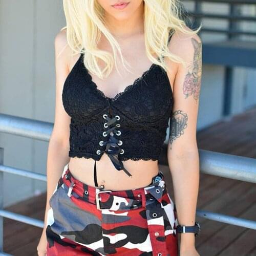 Women Gothic Punk Sleeveless Crop Top V-Neck Bandage Floral Lace Cami Short Vest