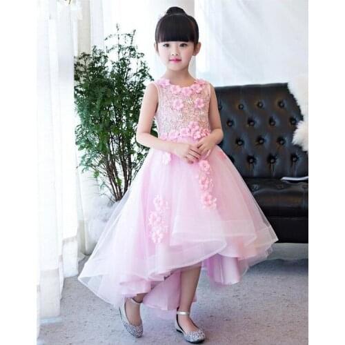 1-12T Pink Lace Long Trailing wedding Dress Flower Girl Dresses Appliques First Communion Dresses For Girls pageant dresses