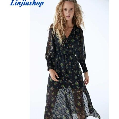 Fall Women Vintage Dotted Floral Print Dress Long Sleeve Wrap V Neck A-line Casual Long Maxi Dress Plus Size Autumn Vestido
