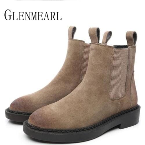 Genuine Leather Women Chelsea Boots Brand Winter Warm Short Ankle Boots Plus Size Platform Single Flats Martin Shoes Woman 30