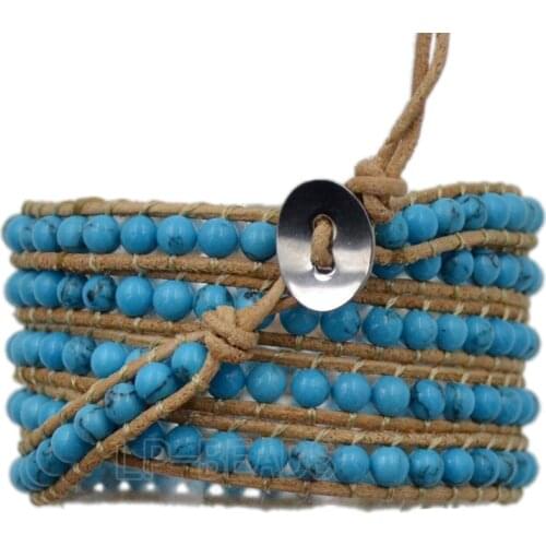 5 Wraps Blue Turquois-e Mens Womens 4mm Gem stone Wrap Genuine Leather Bangle Bracelet Beads Jewelry Wholesale 3PCS/Lot