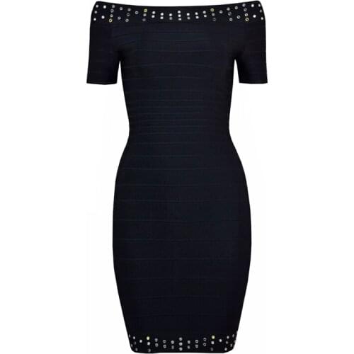 Black off shoulder dress woman short sleeve bodycon ealstic celebrity party bandage dress