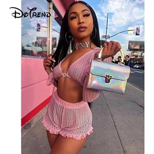 Dotrend Solid Color Sexy Clubwear Ruched Side Two Piece Outfits Woman Deep V Neck Long Sleeve Crop Top And Elastic Waist Shorts