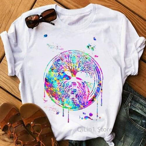 Watercolor Tree Print T-Shirt Yin And Yang Funny Tshirt Femme Harajuku Kawaii Clothes Pride Lgbt T Shirt Female Summer Tops Tee