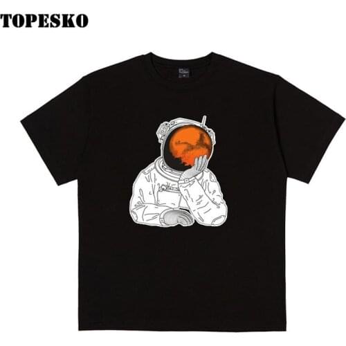 TOPESKO Thinking Astronaut T-shirts Men Women Fashion Printed Short Sleeve Cotton Shirts Basic Tees
