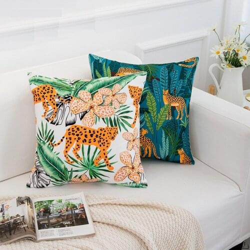 INS Animal and flowers linen thick cushion cover 45*45 forest and leopard pillow cover home sofa chair decor plant pillowcase