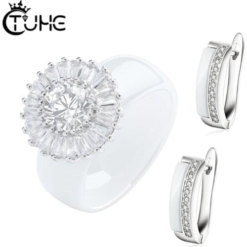 Fashion Shining Cystal Ceramic Ring Earrings Jewelry Sets Black White Healthy Never Fade Ceramic Gift Female Statement Jewelry