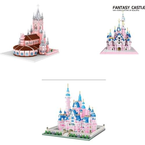 7017PCS Micro Diamond Small Particle Building BLocks Pink Sacred Heart Church Bricks Set Educational Toy Children Gift