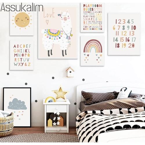 Alpaca Wall Art Posters Sun Rainbow Canvas Prints Alphabet Art Painting Nursery Print Nordic Wall Pictures Kids Room Decoration