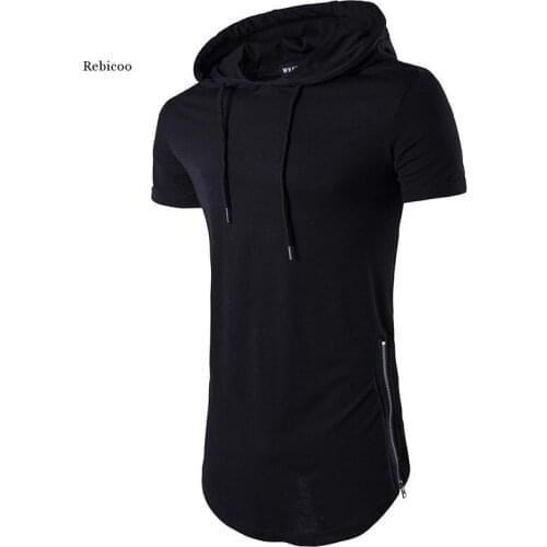 New Mens Hipster Hip Hop Tshirt Short Sleeve Longline Pullover Hoodies Shirts Side Zipper Hooded T-Shirt Streetwear Tops