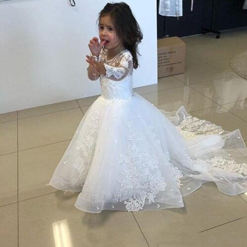 New Arrival Long Sleeve Flower Girls Dresses For Wedding A-Line Tulle Lace Appliques Kids White First Holy Communion Dresses