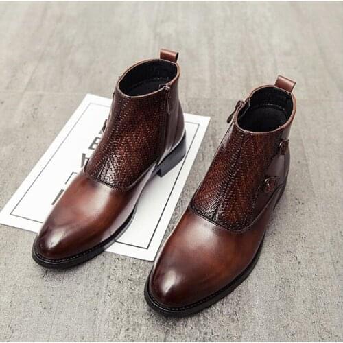 New Arrival Chic Mens Charm Pointed Zipper Leather Monk Strap Boots Trend Male Luxury High-Top Martin Shoes Zapatos Hombre