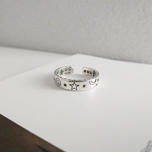 Retro 100% Authentic 925 sterling silver Moon Star engraved boy&Girl Band Rings adjust TLJ914