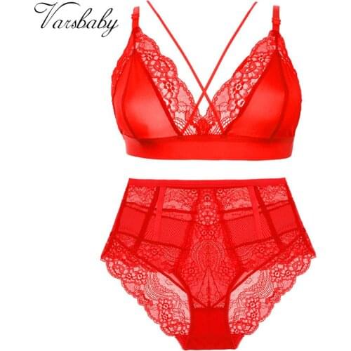 Varsbaby Sexy Women Wire Free Floral Lace Ultra-Thin Breathable Bra+High-Rise Panty 2 Pcs Underwear Set