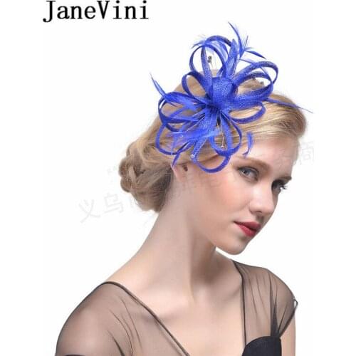 JaneVini 2020 Feathers Bridal Hairpin Vintage Black Royal Blue Wedding Hats and Fascinators for Women Cocktail Party Headwear