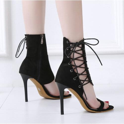 Aneikeh Roman Buckle Strap Shoes Women Sandals Sexy Gladiator Cross-Tied Lace Up Peep Toe High Heels Ankle Boots Black Aprict