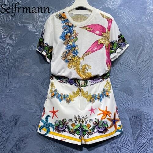 Seifrmann New 2021 Summer Women Fashion Runway Shorts Set Short Sleeve Loose T-Shirts + High Waist Print Shorts 2 Pieces Suits