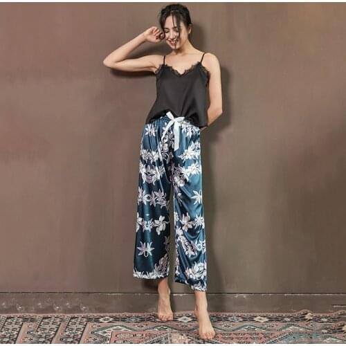 Print Women 2PCS Pajamas Set Sexy Strap Top Nightdress Long Pants Sleepwear Sleep Suit Nightgown Summer Lace Pyjamas Home Clothe