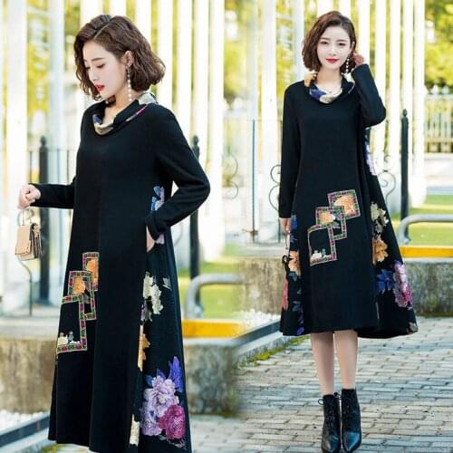 Mom Retro Printed Loose Dress 2019 Autumn New Ethnic Style Long Sleeve Large Size Womens Clothing Fashion Elegant Vestido f1902