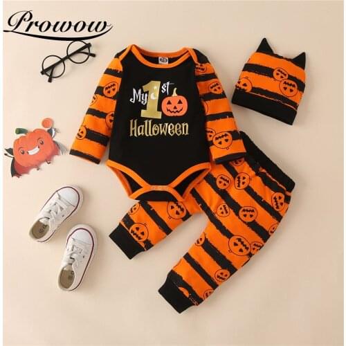 Prowow 3Pcs Baby Halloween Outfits Stripe Newborn Boy Clothing Autumn Winter Baby Pumpkin Clothes Set Festival Kids Boys Costume