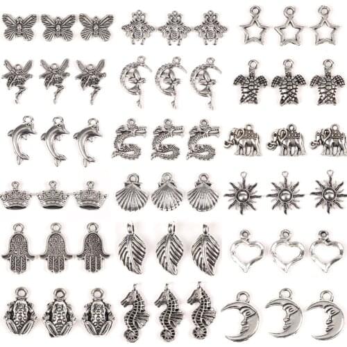30pcs Angle Animal Leaf Heart Crown Metal Alloy Beads Silvers Charms Handmade DIY Bracelet Pendant For Jewelry Making Finding
