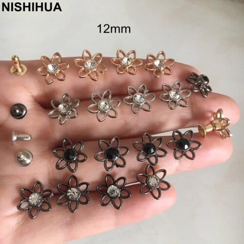 50 sets -Metal Flower Rivet Studs With Clear Center 12mm Gold,Silver,Black,6 petal hollow flower Studs,Shoes,Bags,Jacket Decor A