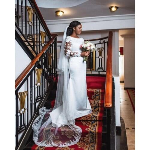 Arabic African Mermaid Wedding Dresses Plus Size Court Train Satin Long Sleeves Lace Bridal Gowns