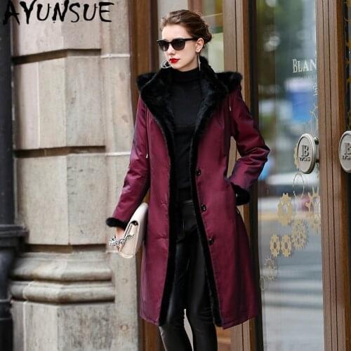 AYUNSUE Luxury Natural Rabbit Fur Liner Parka Winter Jacket Women Real Mink Fur Collar Long Coat Female Parkas Plus Size MY3603