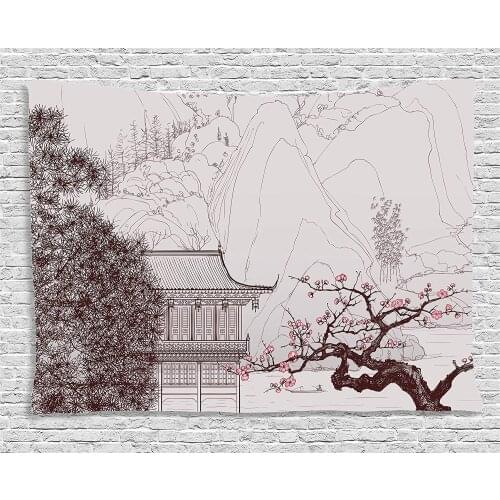 Asian Tapestry Chinese Religion Temple Sakura Trees and Mountain Forms Pagoda Eastern Artwork Print Wall Hanging Pink Brown