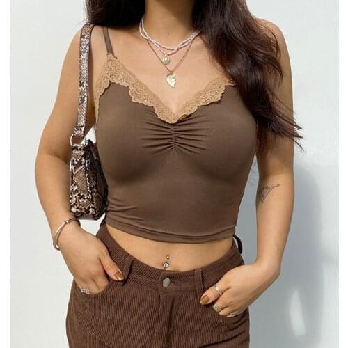 E-girl Brown Y2K Cami Tops Women Lace Trim Cute Kawaii Clothes V Neck Sexy Vintage 90s Aesthetic School Girl Crop Top Summer