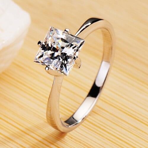 Classic Female Crystal Square Stone Ring 100% Real 925 Sterling Silver Wedding Rings For Women Cute White Zircon Engagement Ring