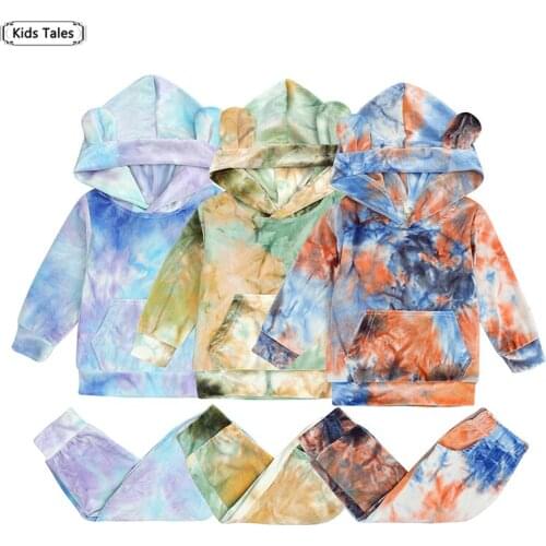 2Pcs Fall Newborn Tie-dye Print Clothes Set Outfits Toddler Kids Boys Girl Long Sleeve Velvet Front Pocket Hoodies+Pants Costume