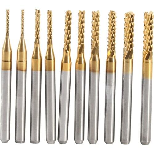 10pcs Titanium Coated End Mill Cemented Carbide CNC Milling Cutters Tools 1.0-3.0mm Straight Shank Router Drill Bit Set